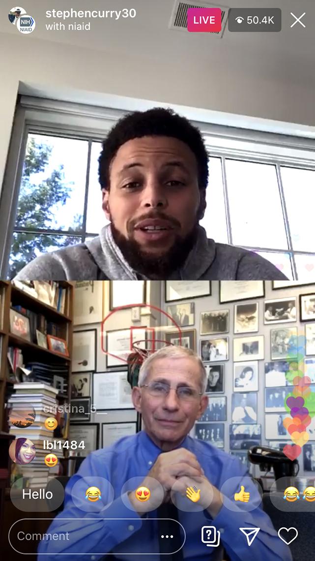 Instagram screen showing Steph Curry and Dr. Anthony Fauci
