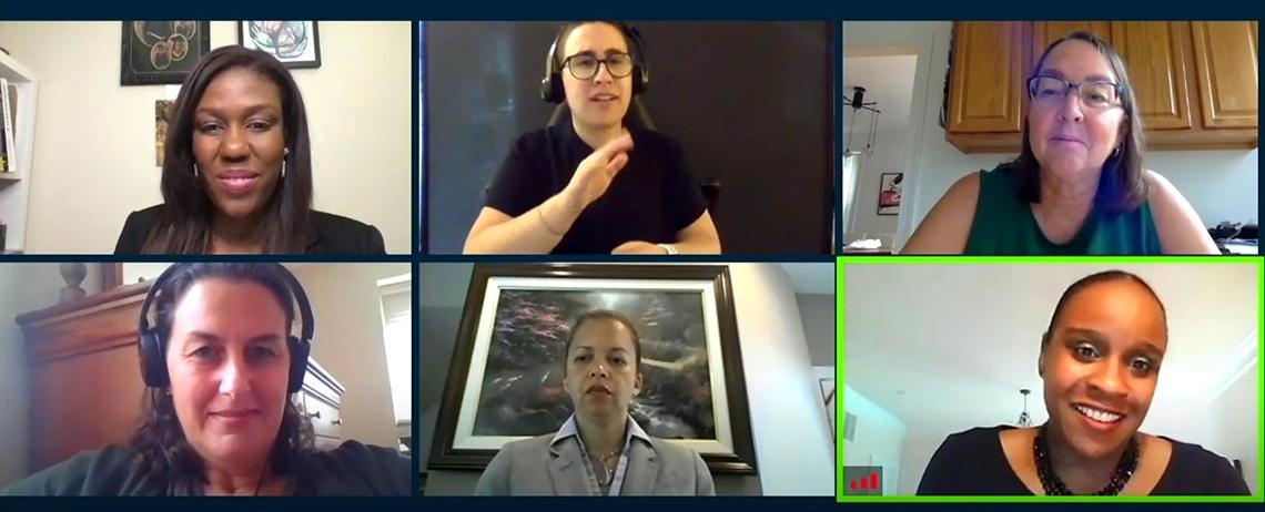 A screen shot shows women, in their homes, discussing work during a virtual video lecture. 