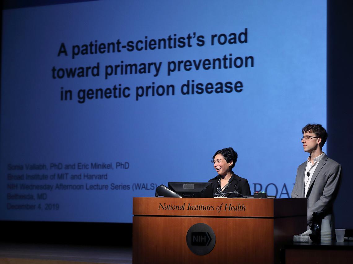 Drs. Vallabh and Minikel onstage in Masur Auditorium
