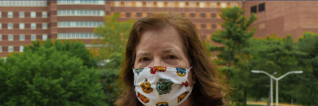 A woman wears a home-made mask