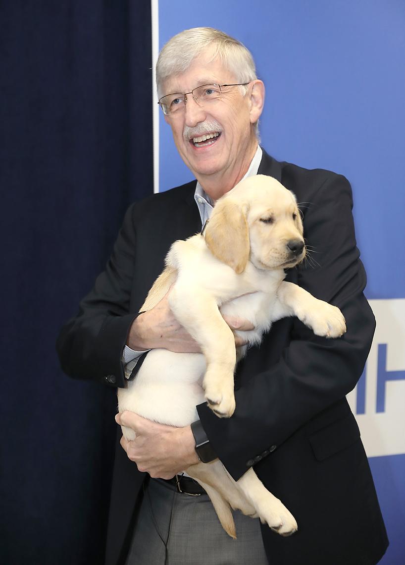 Smiling, Collins holds a puppy.