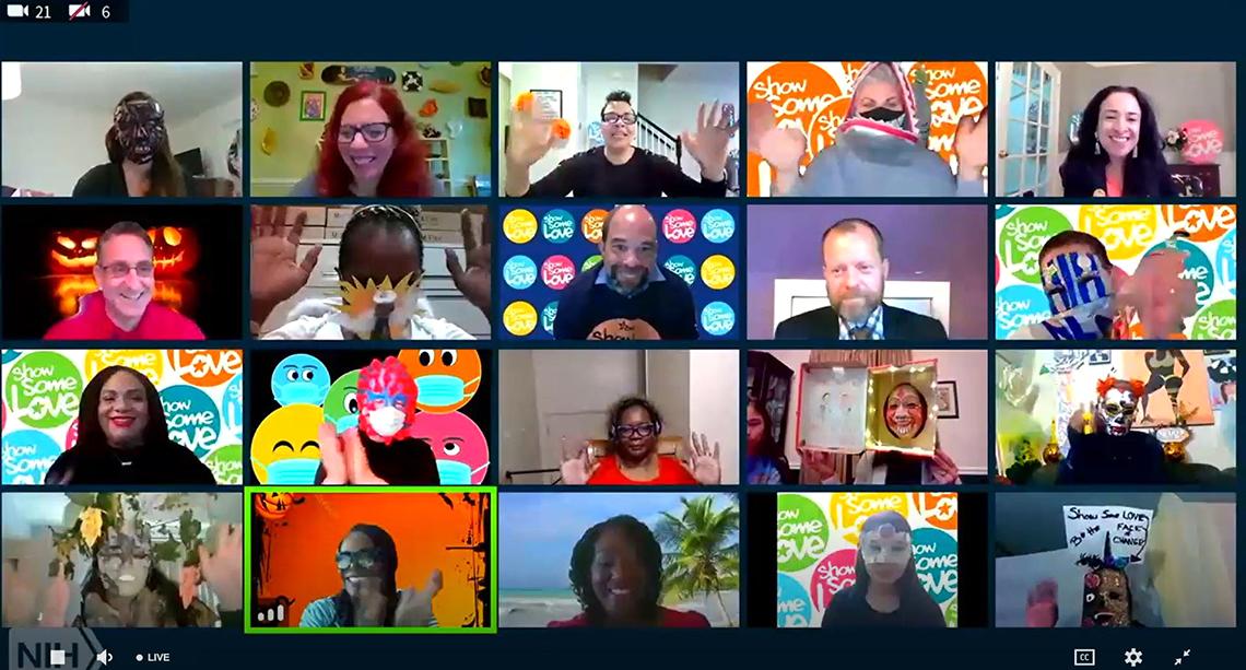 A screenshot showing grid of individuals attending online Zoom session