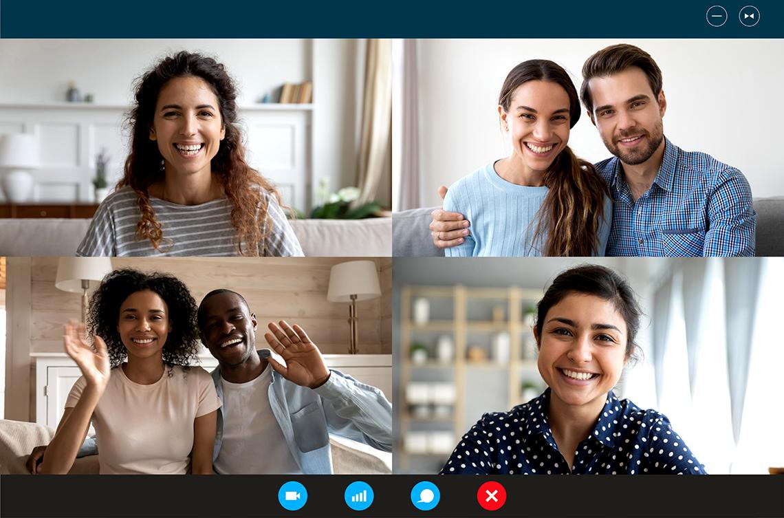People from multiple locations on a video-conference chatting together