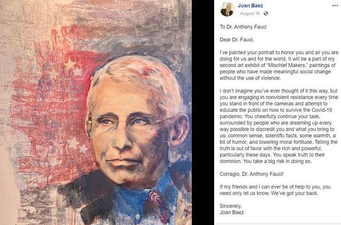 A painting of Fauci along with a grateful letter from the painter: Joan Baez