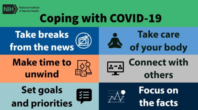 A colorful infographic for coping with Covid-19 reminds readers to take a break from the news, make time to unwind, set goals and priorities, take care of your body, connect with others and focus on the facts. 