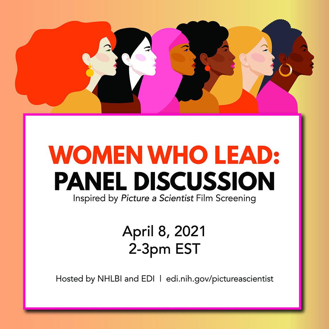 Five cartoon woman look off screen. Information about the panel discussion can be found underneath the woman. 