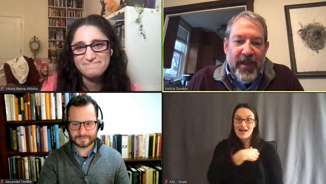 A Zoom panel featuring four speakers