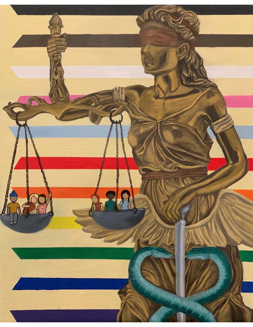 A golden statue of Lady Justice holds up the staff-wrapped-with-snakes symbol of medicine and two equal scales, each filled with kids of different races, in front of the stripes of the Pride Flag.