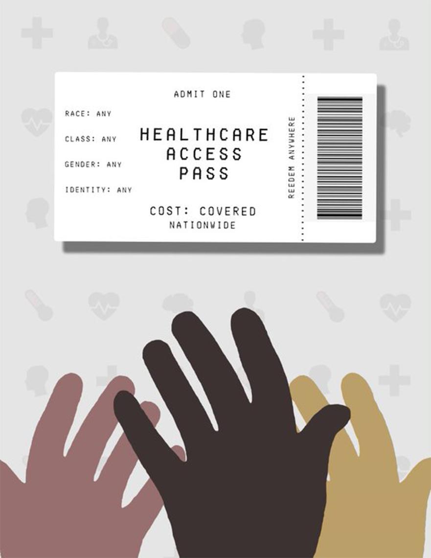 Brown and beige hands reach up toward a paper with a barcode that reads: Healthcare Access Pass