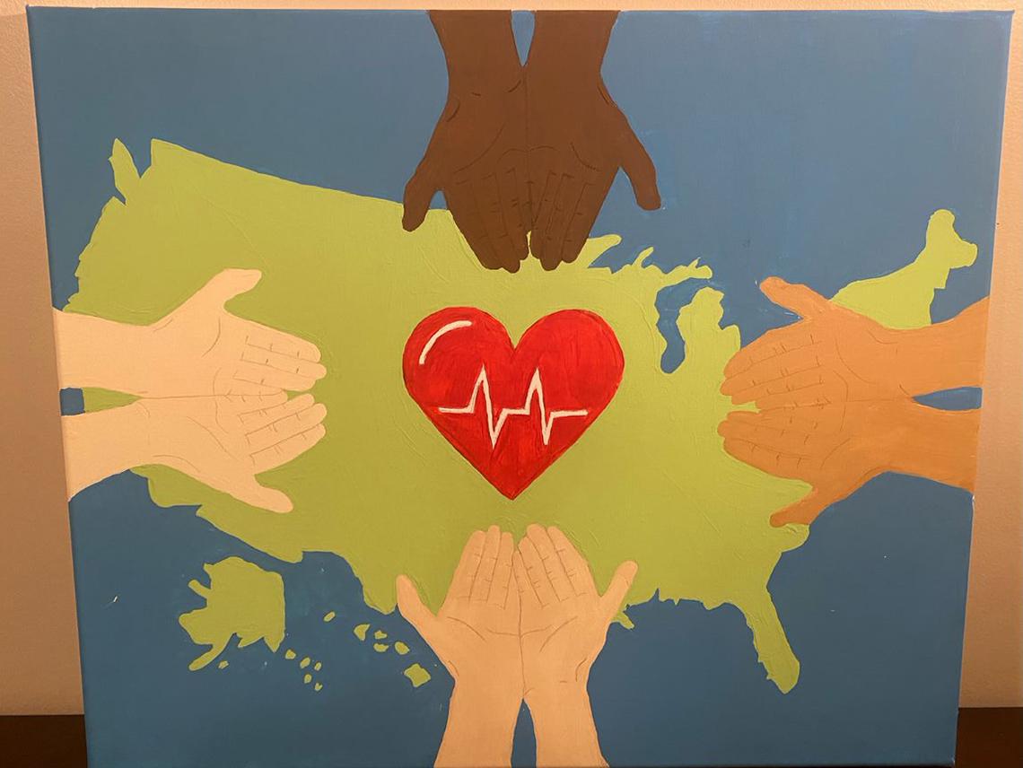 A red heart with an EKG graph in it, hovers over a green map of the US, as pairs of hands of different races, palms up, reach over from all sides.