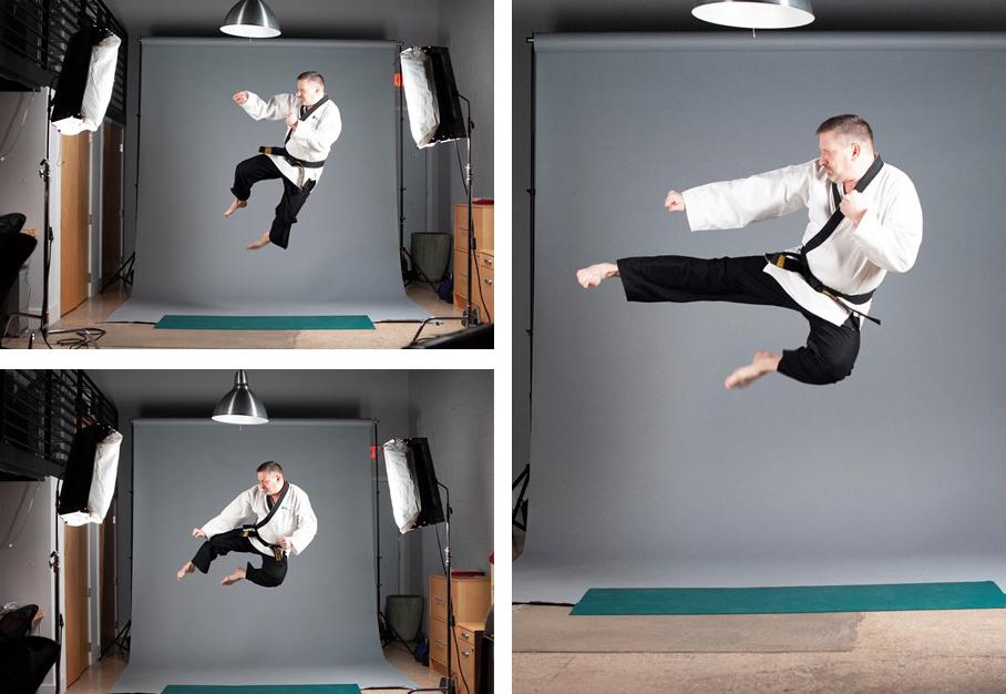 David Winter in a series of three martial arts photos showing him jumping high into the air and kicking.