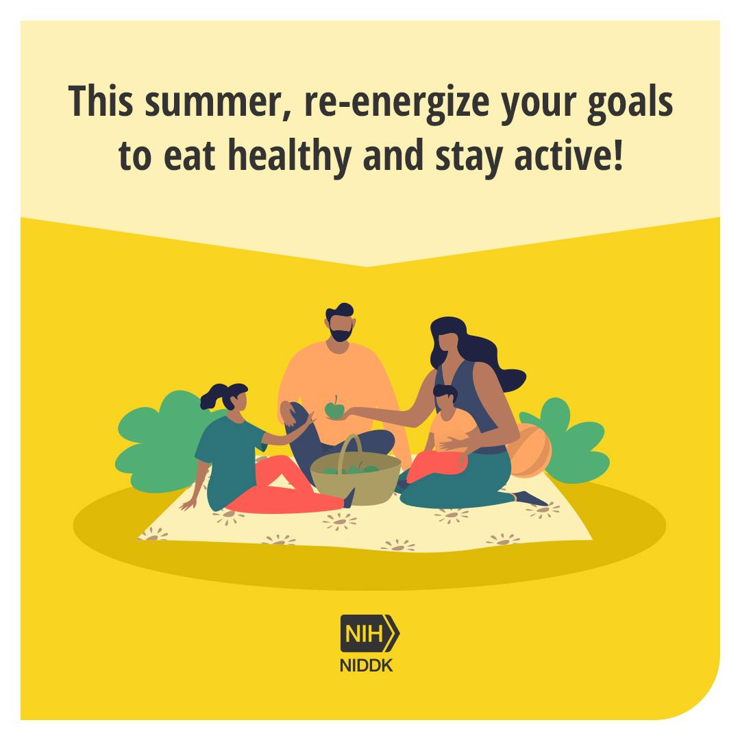 Yellow graphic box with healthy living tip and illustrated family on a picnic