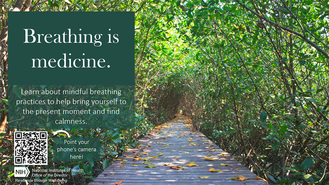 A Zoom background shows trees and a leaves-covered pathway, with the words Breathing is Medicine, and a QR code to scan for more resources.