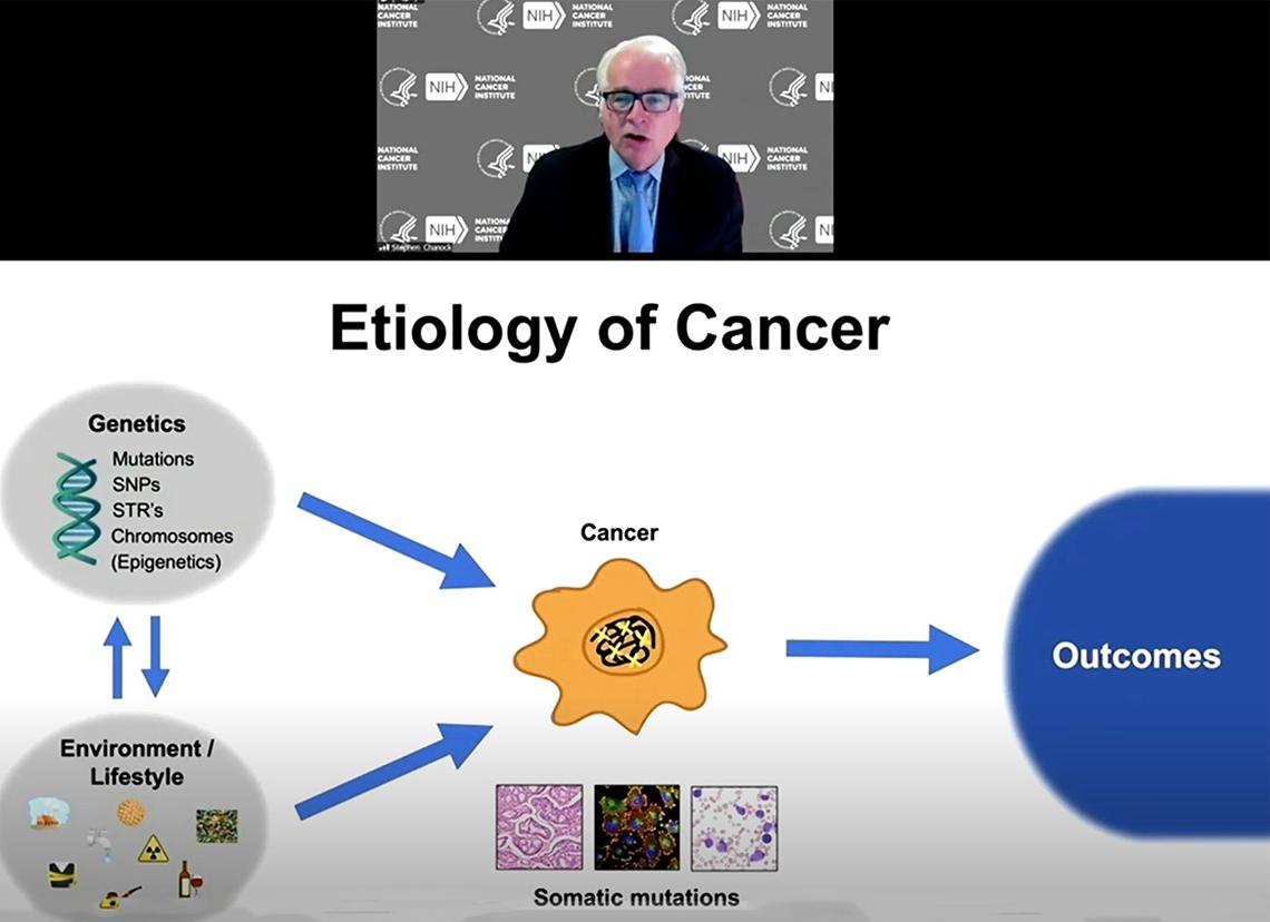 Chanock speaks, shown above a slide titled Etiology of Cancer, showing genetics and environmental factors that combine with somatic mutations to cause cancer.