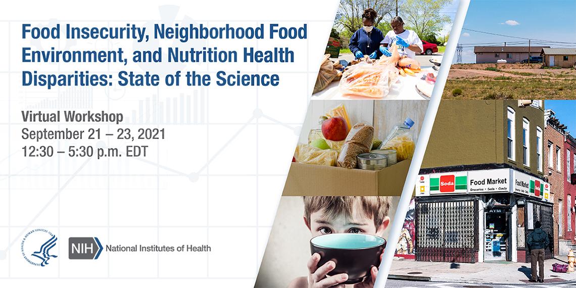 5 photos of different neighborhood food environments: an urban corner store, an empty field, a young kid holding an empty bowl, a box of groceries, 2 farmer's market customers