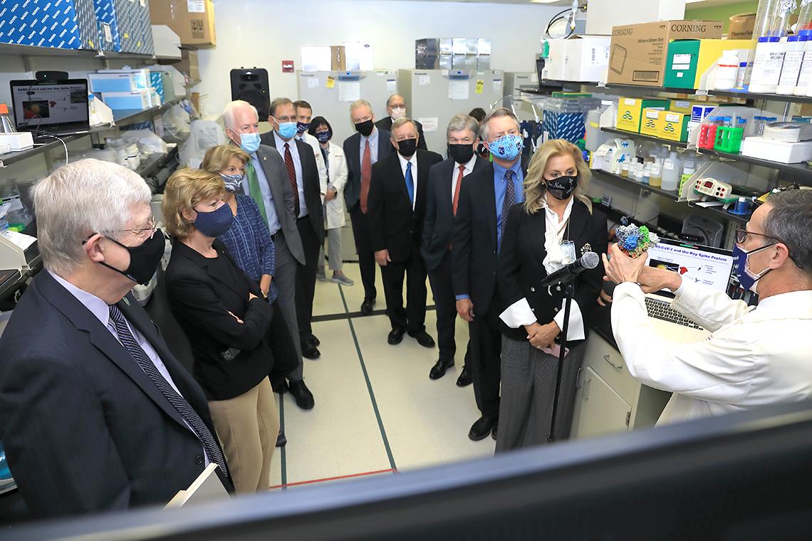 A group of masked Senators form a semi-circle around Mascola, who is holding up a 3-d printing of SARS-Cov-2 virus particle.