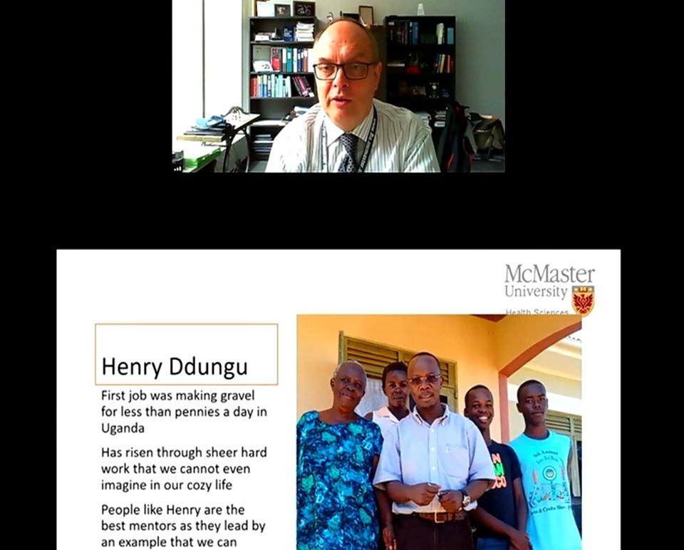 A slide shows Henry Ddungu at his home in Uganda, surrounded by his mother and 3 sons.