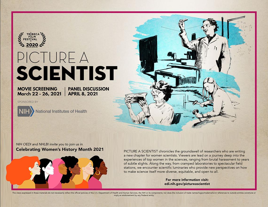 Flyer for the film screening shows original movie poster drawing featuring 3 female scientists, each in lab setting 