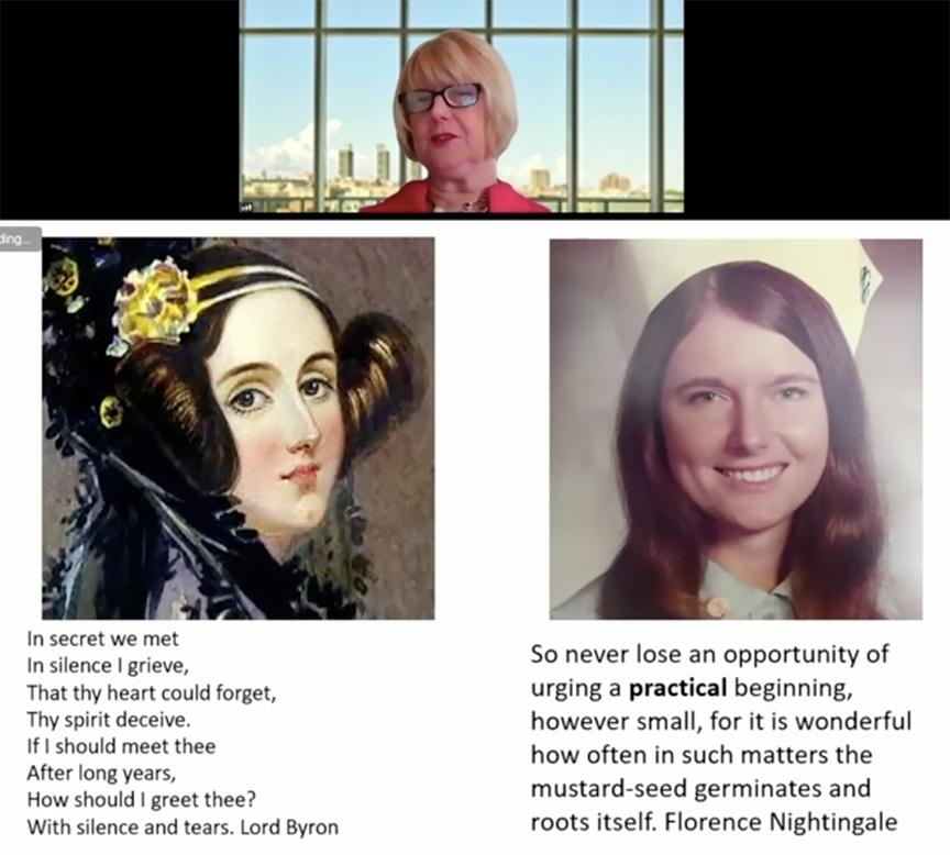 Bakken shares her screen so the virtual audience can see her presentation slides features two portraits--one of Ada Lovelace and a 20-year-old Bakken