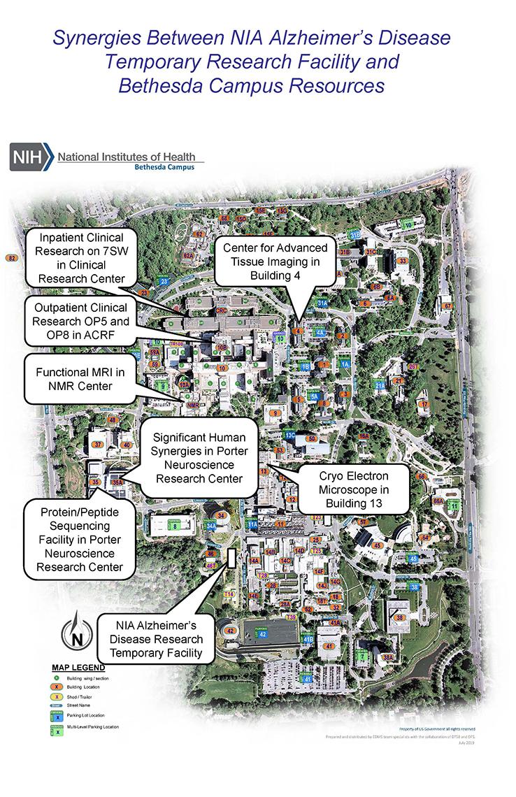 A map of NIH's campus illustrates future construction. Conversation bubbles point to the southwest corner of campus, where on campus the temporary Alzheimer's research facility will be located and the northwest corner of campus, where an administrative building will be located.