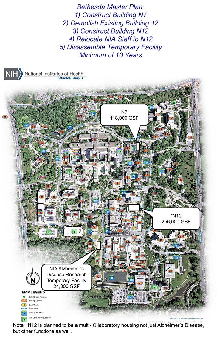 A map of NIH illustrates where the new Alzheimer's disease research facility, found in the southwest area of campus, will be in relation to other scientific buildings.