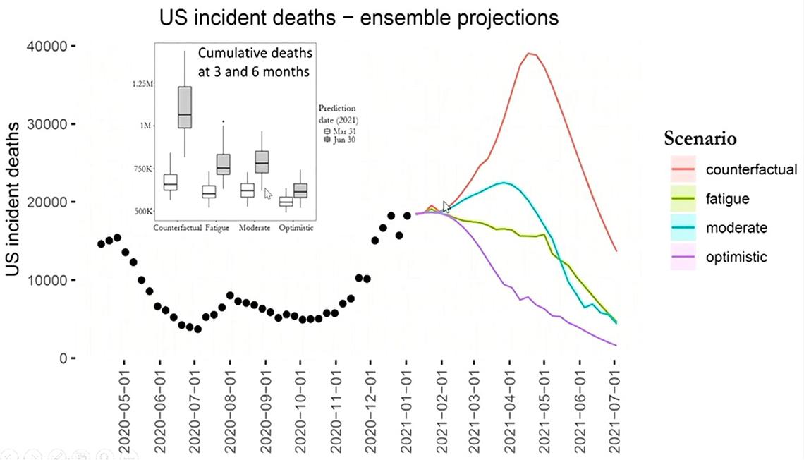 A graph shows projections of Covid deaths over 6 months for different scenarios. A purple line sharply descends in the optimistic scenario; the worst outlook, counterfactual, is depicted by an orange line steeply rising before it eventually drops.