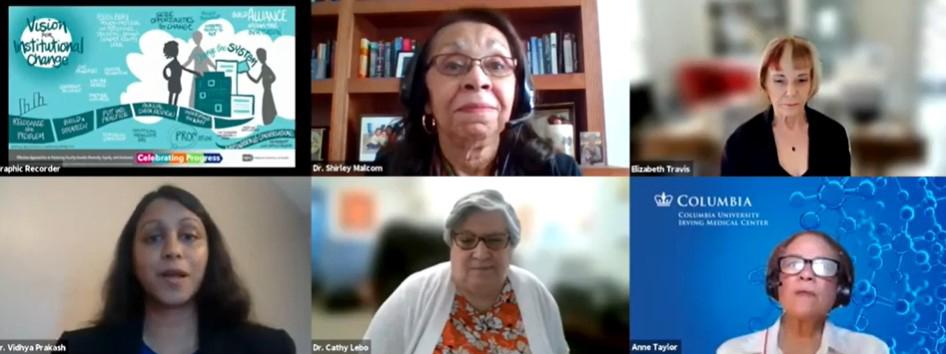 screenshot of virtual forum grid with 6 boxes--5 women and a poster graphic.