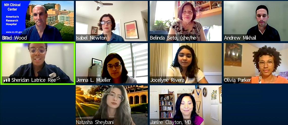 Screen capture of online grid with 10 people in individual squares--2 men and 8 women 