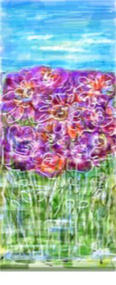 Painting of purple flowers, long green stems against a light blue sky
