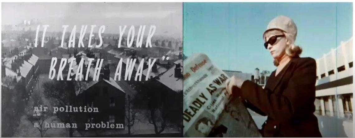 The image on the left features the words, "It takes your breath away: air pollution, a human problem" in front out a black and white photo of a neighborhood. The photo on the right features a woman reading a newspaper.