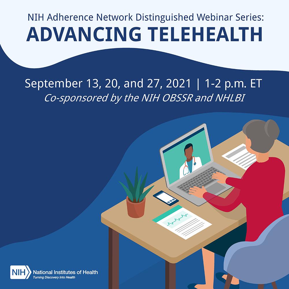 The images features a cartoon woman in a red shirt sitting at a desk with a plant, papers, smart phone and laptop. Above the images features information about the webinar series. 