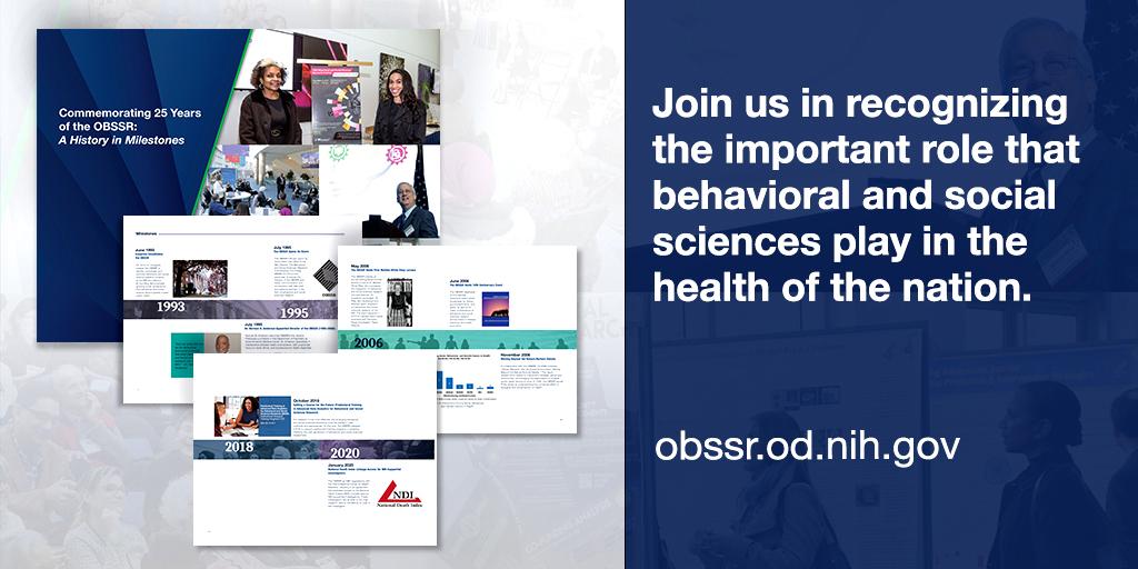The graphic features screenshots of the history timeline along with text that reads "Join us in recognizing the important role that behavioral and social sciences play in the health of the nation obbssr.od.nih.gov"