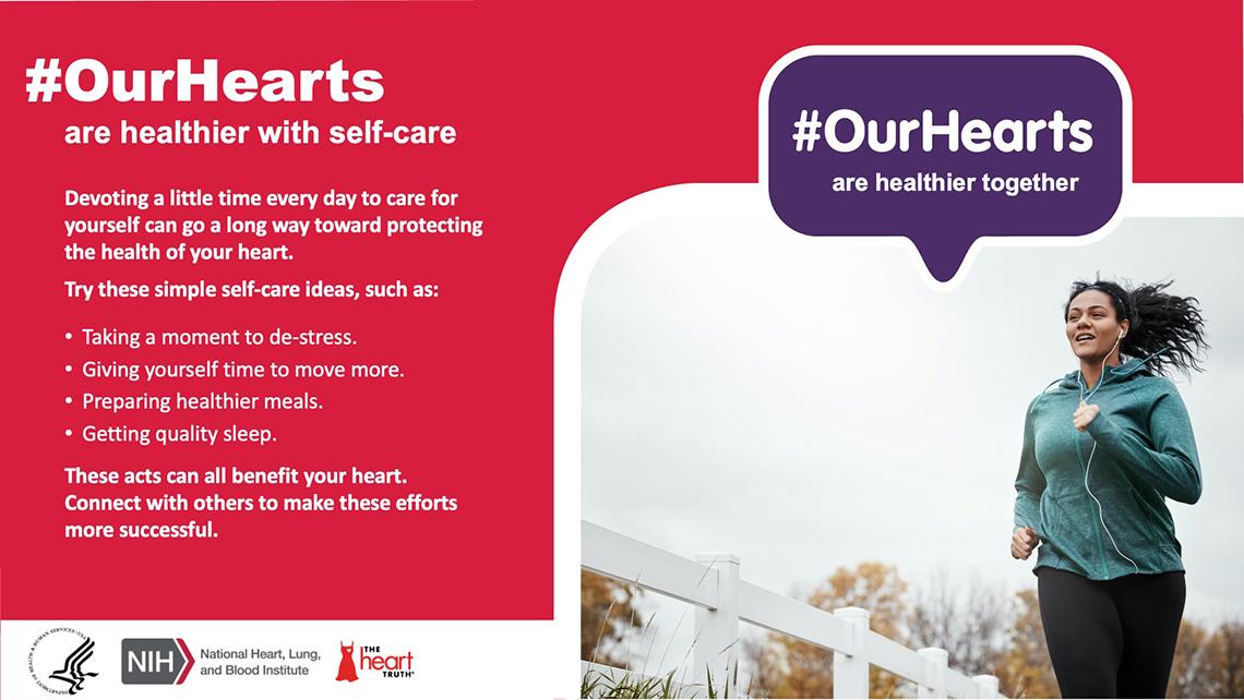#OurHearts self care graphic shows woman jogging and ideas for self-care