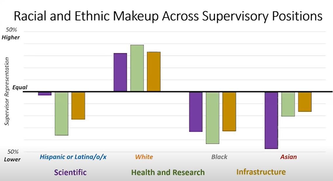 A bar graph illustrates White employees are represented 30 to 40 percent more in supervisory positions than they are in the workforce