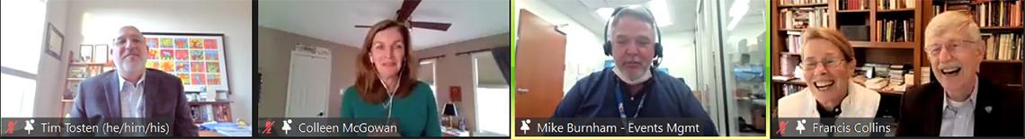 A screen shot from the event shows Tosten, McGowan, Burnham and Diane Baker with Dr. Francis Collins, with big smiles