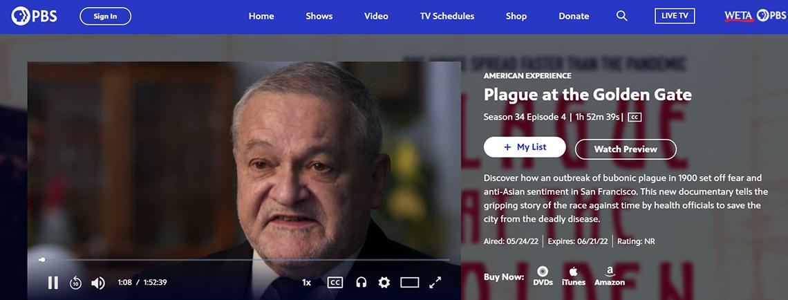 Screenshot of Dr. David Morens speaking during the PBS documentary.