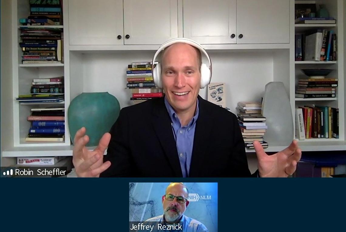 Scheffler speaks in Zoom gallery view while Reznick listen