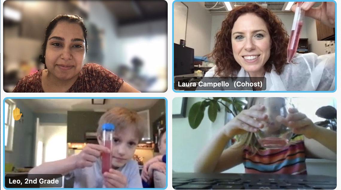 screenshot grid with two adults in individual boxes and two children in individual boxes on lower row.