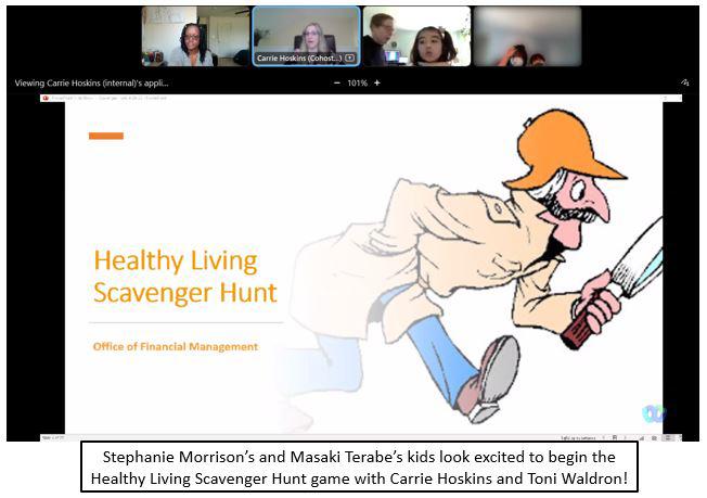 screenshot of videoconference grid with several children looking at featured box with cartoon sleuth.