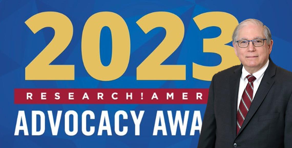 A blue graphic that reads 2023 Research!America Advocacy Award. It features Tabak's portrait