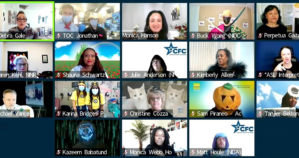 Screenshot of virtual meeting grid featuring several speakers, several in costume