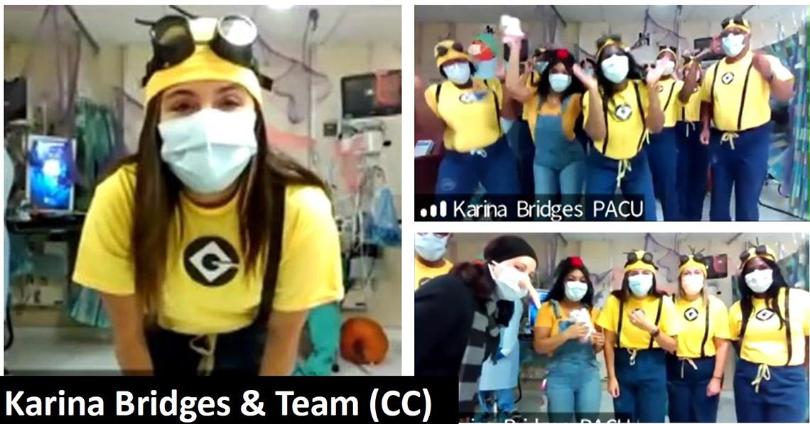 Screenshot of several people in yellow T-shirts, yellow skull caps, sunshades, and overalls