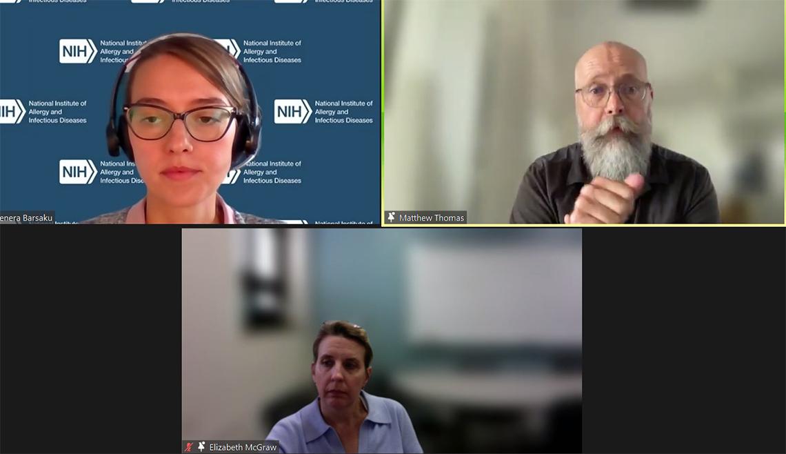 Screen shot of Barsaku, Thomas and McGraw talking during question and answer session.