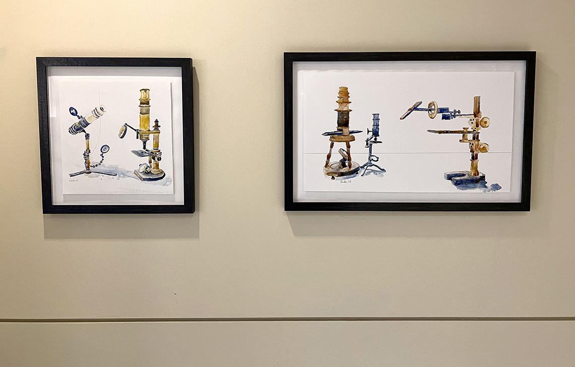 Two framed watercolors mounted on wall. The paintings feature two and three scientific instruments, respectively.
