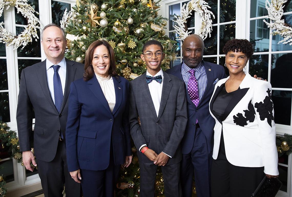 Emhoff, Vice President Harris, Alex Berko and his parents pose outside the vice president's house