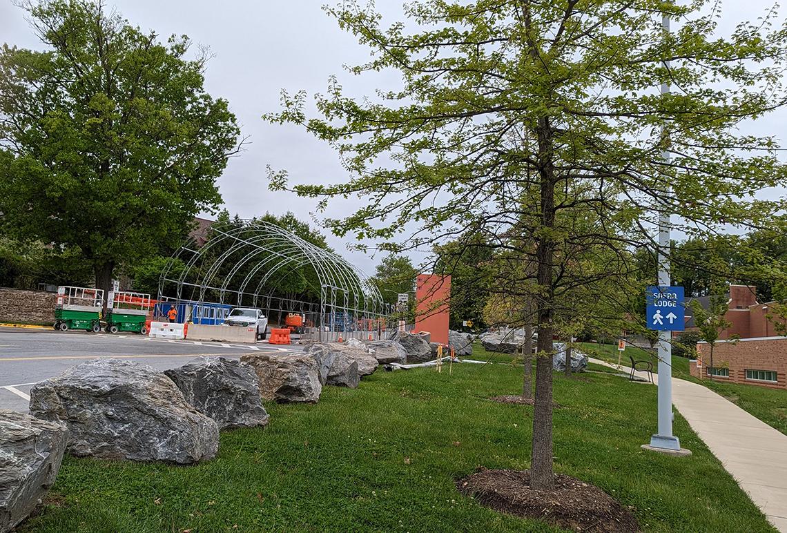 An archway and barricades mark the new inspection station.