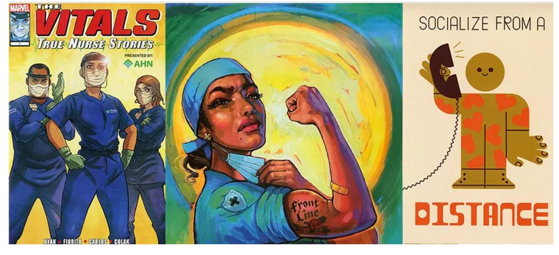 Group of nurses, woman with raised fist and socialize from a distance cartoon.