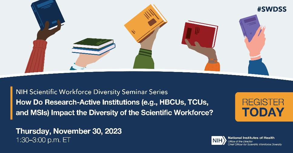 Seminar title graphic featuring illustration of 5 different colored hands with 4 holding a colored hardcover book and one holding a cell phone