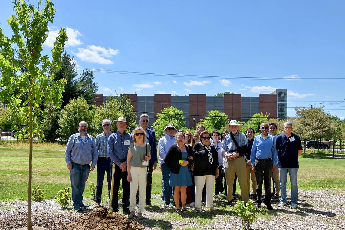 Large group of people stands beside newly planted tree