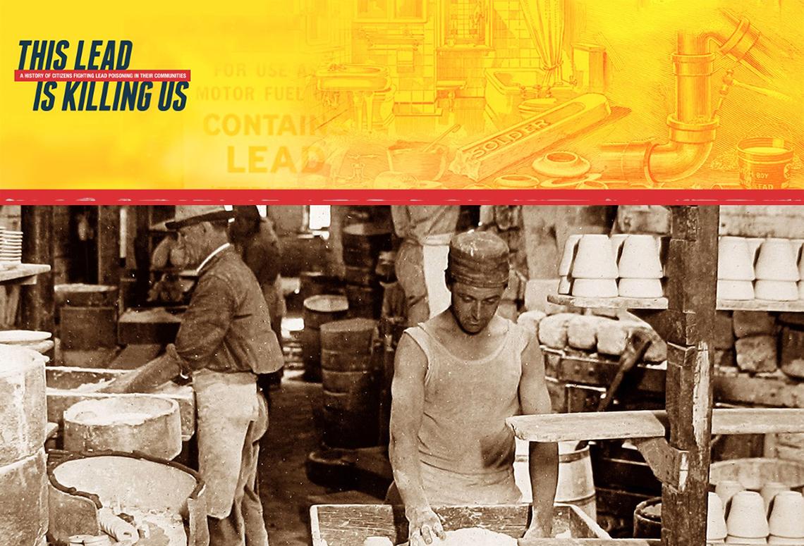 A black-and-white photo of men working in a pottery factory with a yellow bar at top showing pipes running through